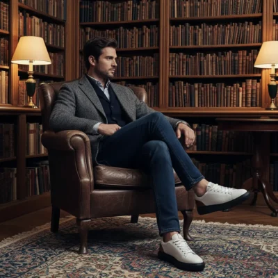 Bele muške cipele patike: idealan hibrid stila i udobnosti. Savršene za odelo, farmerke ili pantalone. Kvalitetna izrada od kože.