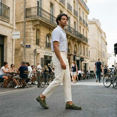 maslinasto zelene muške mokasine donose autentičan i hrabar kolorit vašem garderoberu. model u prigušenom tonu žalfije koji odiše karakterom i prirodnom estetikom.