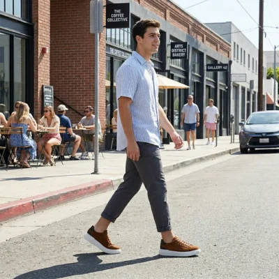 Braon elegantne muške patike su savršen izbor za moderne poslovne kombinacije. Nepogrešivo se uklapaju uz teget pantalone, bež sakoe i tamni džins.
